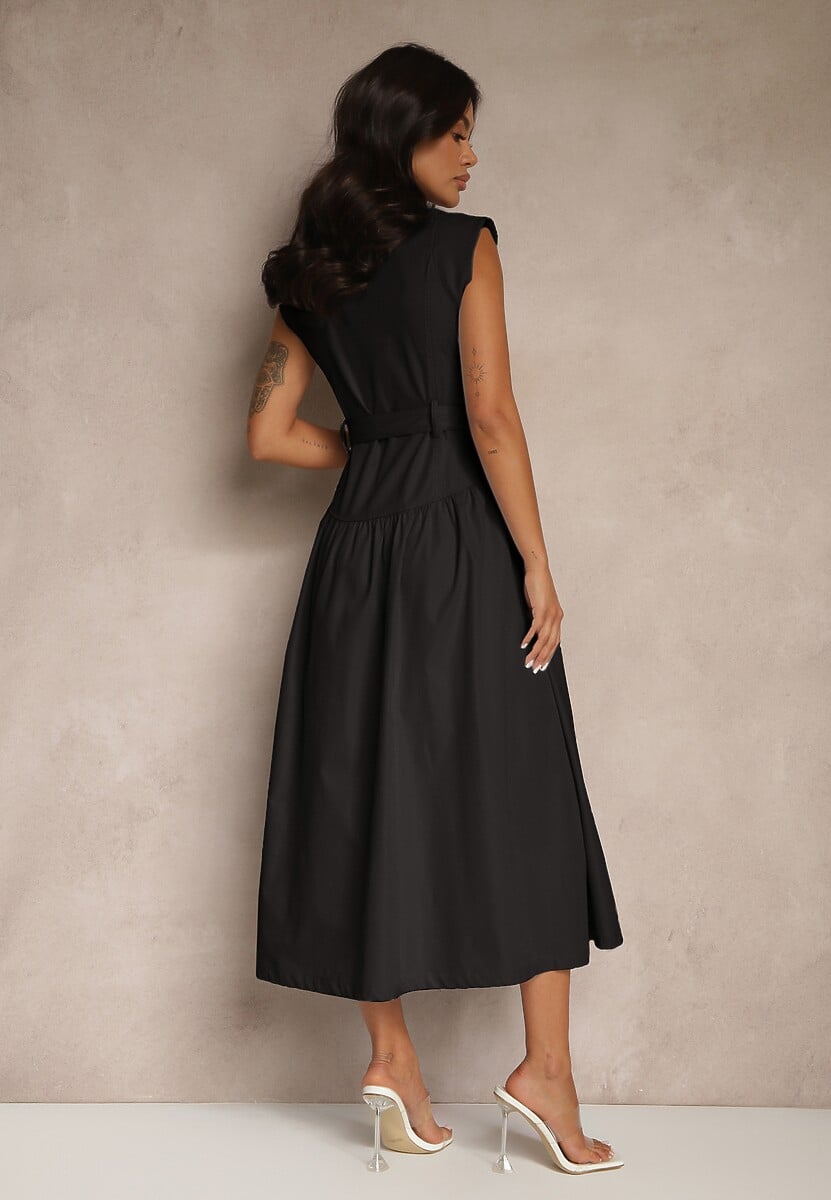 Czarna Koszulowa Sukienka z Ozdobnym Paskiem Deviolin