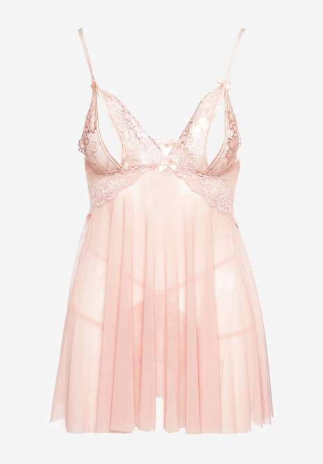 Różowa Koszula Nocna z Koronkowymi Wstawkami na Ramiączkach ze Stringami Rellissa