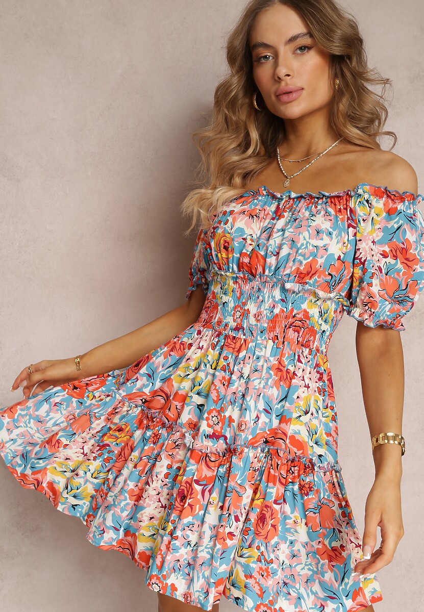 Jasnoniebieska Rozkloszowana Sukienka Mini z Gumkami w Pasie i Krótkimi Rękawami z Wiskozy Merrelle