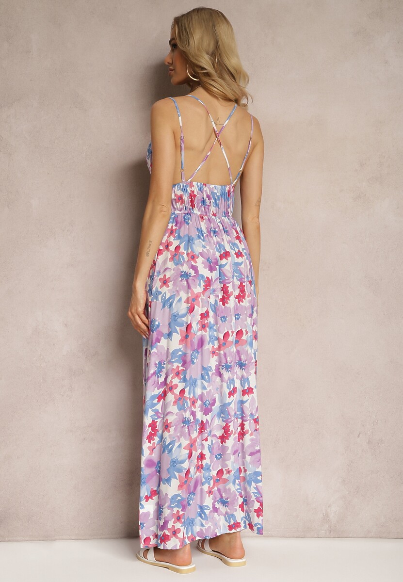 Jasnofioletowa Rozkloszowana Sukienka z Wiskozy na Ramiączkach w Kwiaty z Odkrytymi Plecami Allaine