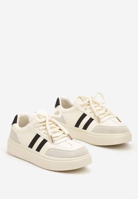 Beżowo-Czarne Sznurowane Sneakersy na Platformie Ozdobione Paskami Tialise