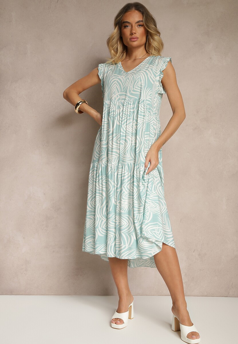 Jasnoniebieska Sukienka z Bawełny we Florystyczny Print Rozkloszowana Diviora