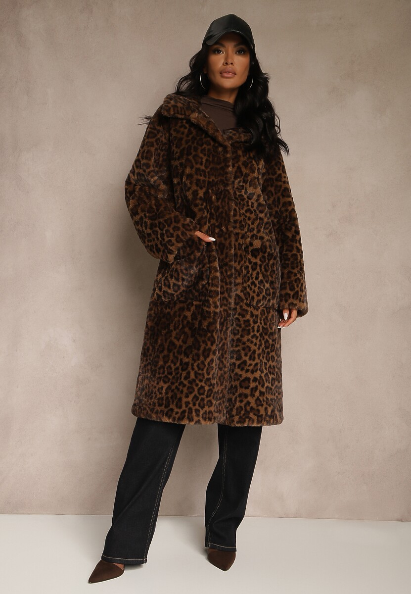 Brązowy Panterkowy Płaszcz Futerko o Jednorzędowym Kroju Otirela
