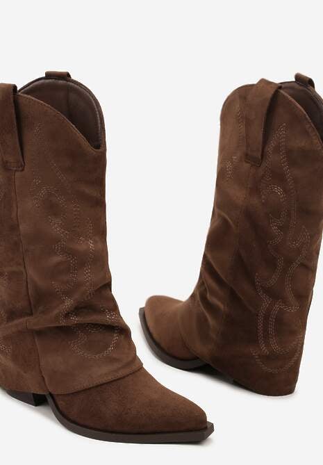 Brązowe Botki Kowbojki z Cholewką Imitującą Nogawkę Zellaxie