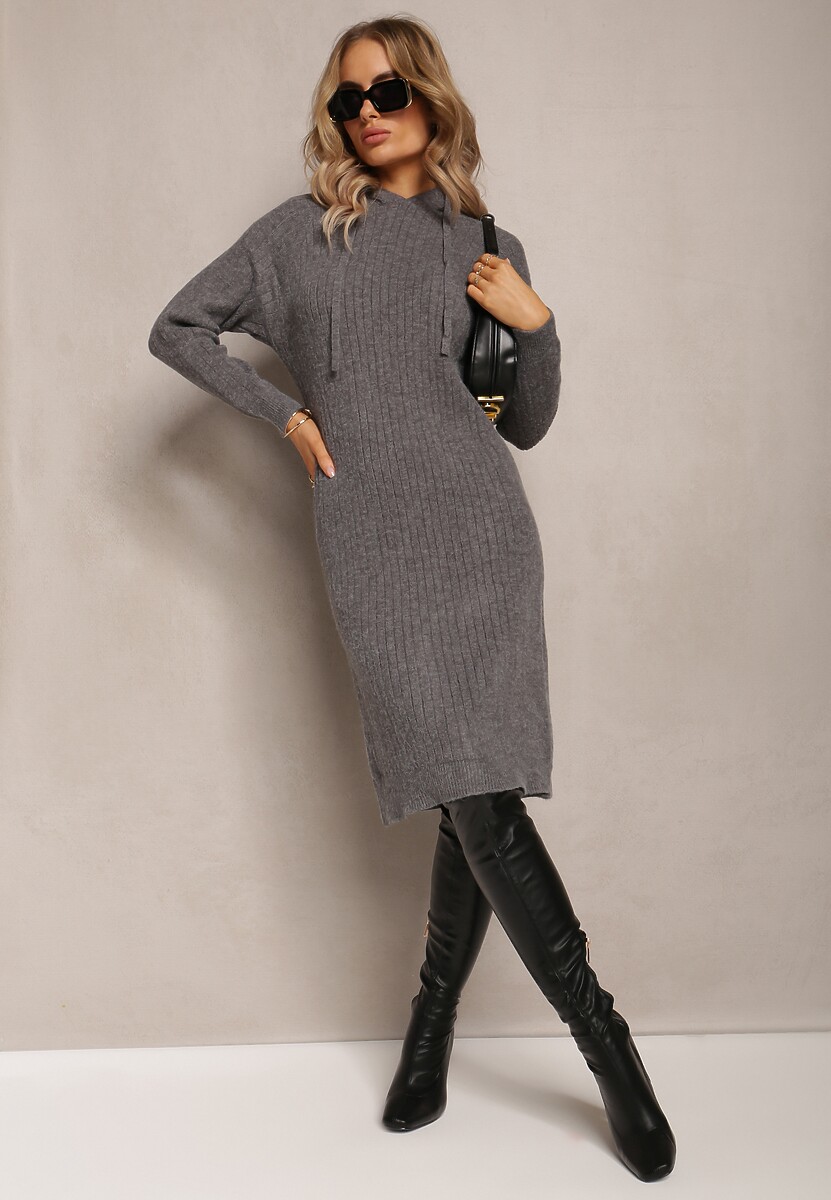 Ciemnoszara Wełniana Sukienka w Prążki z Kapturem Opiuda