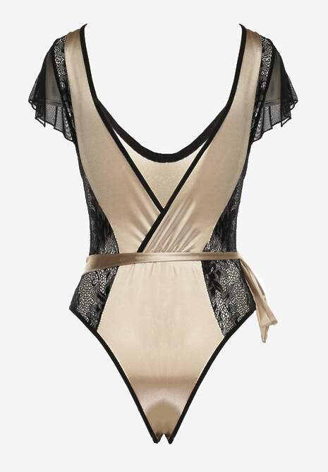 Beżowe Satynowe Body z Koronką i Paskiem w Talii Lierie