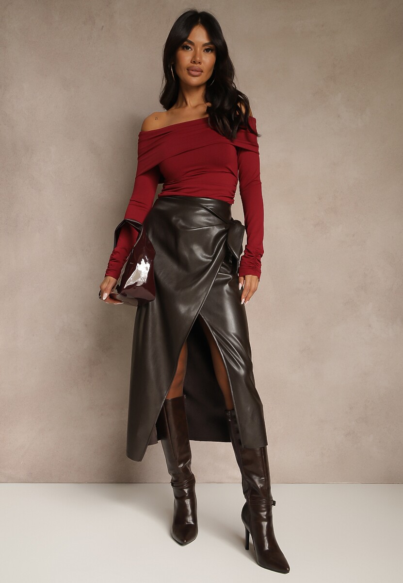 Brązowa Marszczona Spódnica z Imitacji Skóry o Kopertowym Kroju z Wiązaniem Seoselle