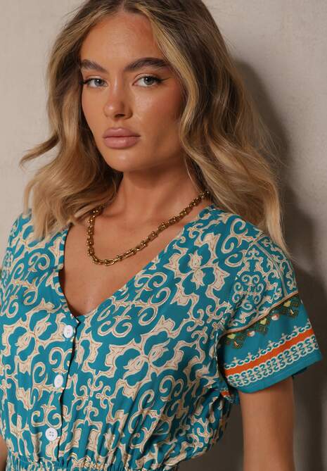 Jasnozielona Sukienka z Bawełny z Gumką w Pasie i Ozdobnymi Guzikami Natifarela