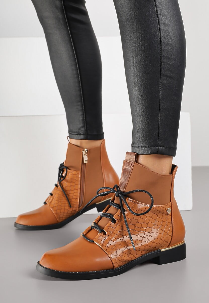 Jasnobrązowe Botki Vices w Stylu Trzewików z Motywem Skóry Krokodyla Alirriva