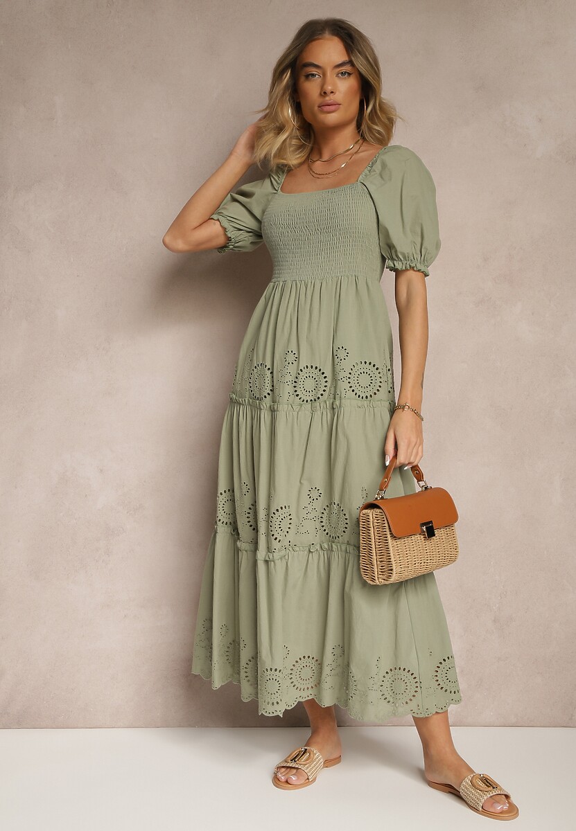 Zielona Sukienka z Bawełny Ozdobiona Haftem Iffirina