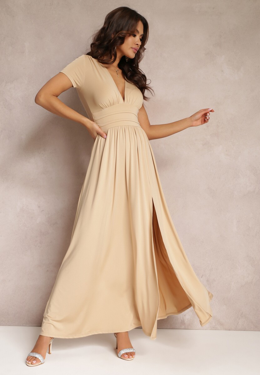 Beżowa Sukienka Maxi z Rozkloszowanym Dołem i Rozcięciem Zarya