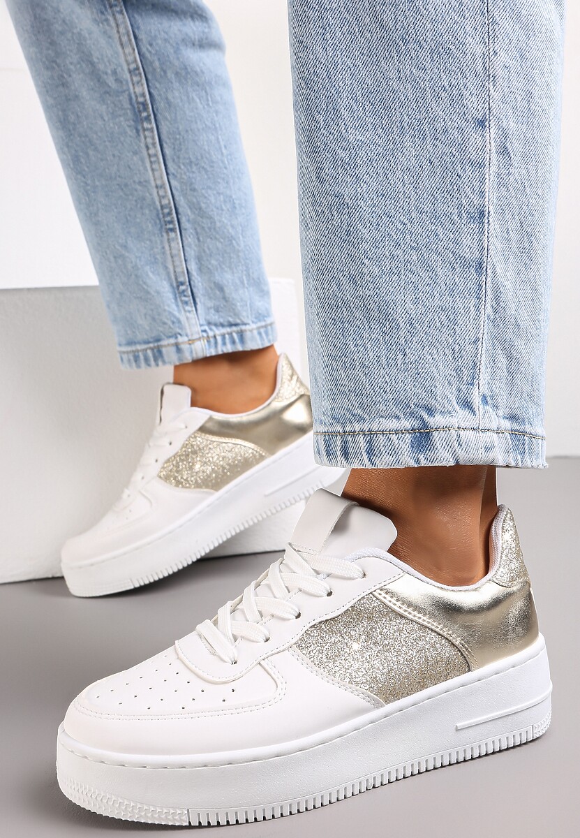 Biało-Złote Sneakersy z Cholewką przed Kostkę z Metalicznymi i Brokatowymi Wstawkami Kazma