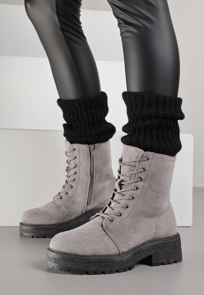 Szare Sznurowane Botki na Grubej Podeszwie Vagala