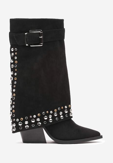 Czarne Ekozamszowe Kozaki na Obcasie z Cholewką Imitującą Nogawkę Ozdobioną Nitami Sagiyana