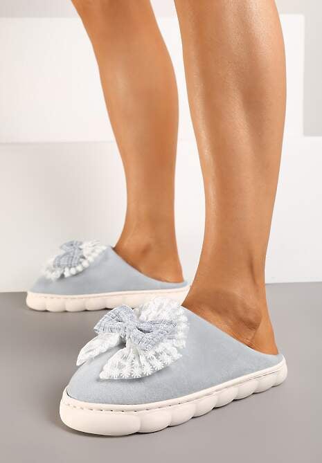 Szare Kapcie Vices na Grubej Podeszwie z Ozdobną Kokardą Tinnella