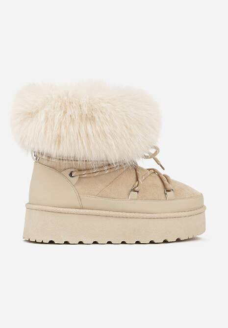 Beżowe Śniegowce na Platformie Ozdobione Futerkiem Teswena