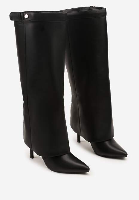 Czarne Kozaki na Obcasie Typu Szpilka z Wywiniętą Cholewką Lavemesse