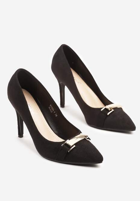 Czarne Szpilki ze Szpiczastym Noskiem z Ozdobną Aplikacją Mininelia