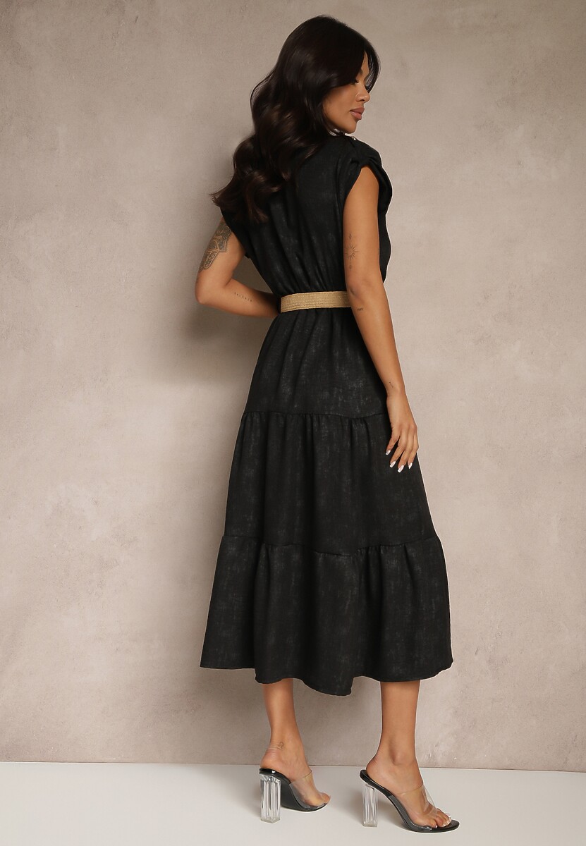 Czarna Sukienka z Guzikami i Paskiem z Plecionki Fillona