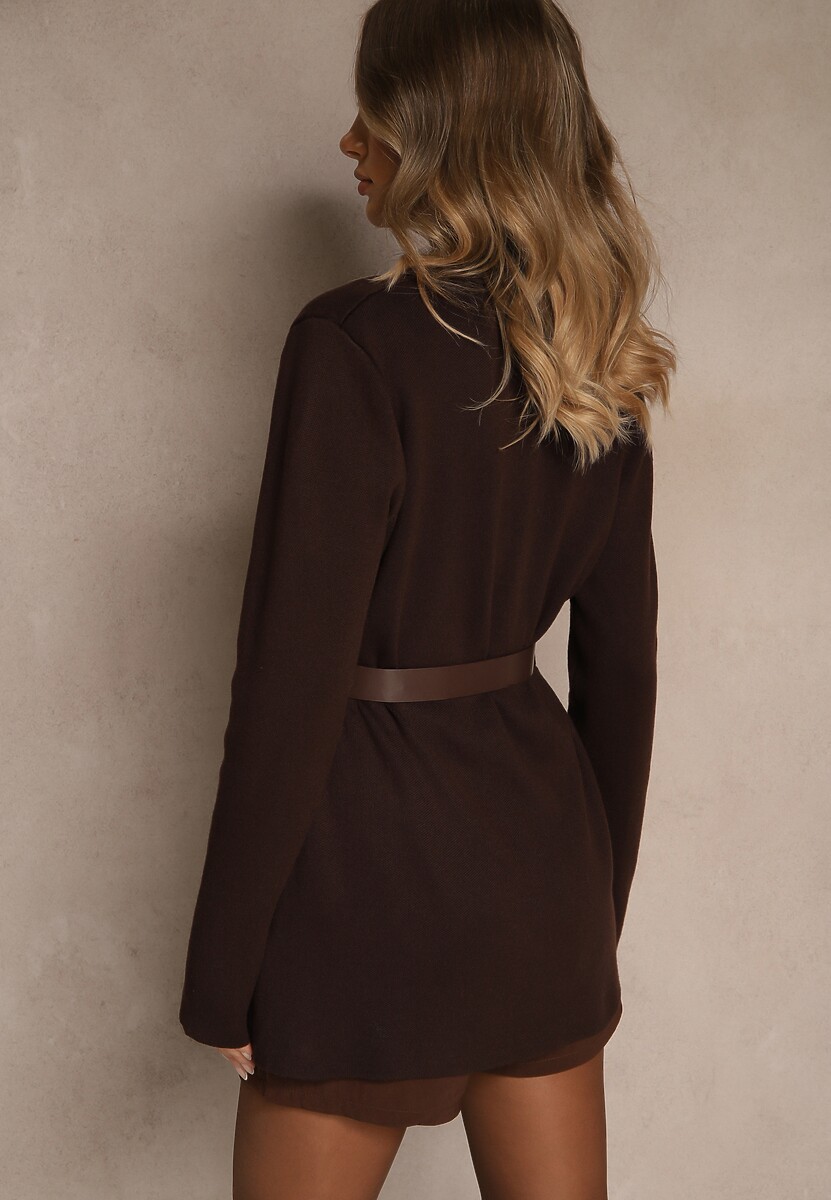 Brązowy Rozpinany Kardigan z Wiskozą i Paskiem z Metalicznymi Ozdobami Aratilea