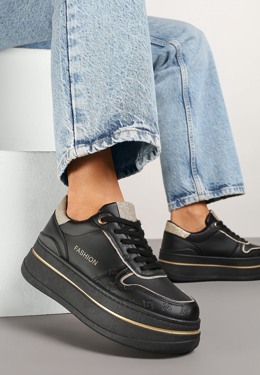 Czarne Sneakersy na Platformie Ozdobione Brokatem i Napisem Udivoria