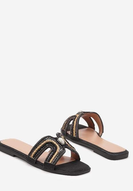 Czarne Klapki w Stylu Boho z Ozdobnymi Kamieniami i Plecionką Dimly