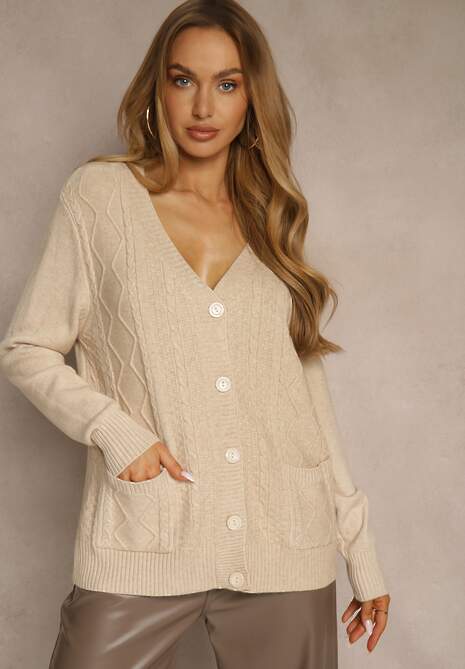 Jasnobeżowy Kardigan z Bawełną i Tłoczonym Wzorem Reisina