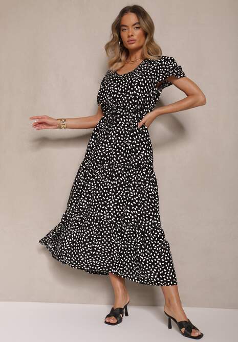 Czarna Rozkloszowana Sukienka z Bawełną i Geometrycznym Motywem Mevelaia