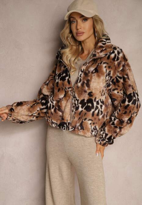 Czarno-Beżowa Kurtka z Futerka o Luźnym Kroju ze Ściągaczami Zdobiona Zwierzęcym Printem Kortisa