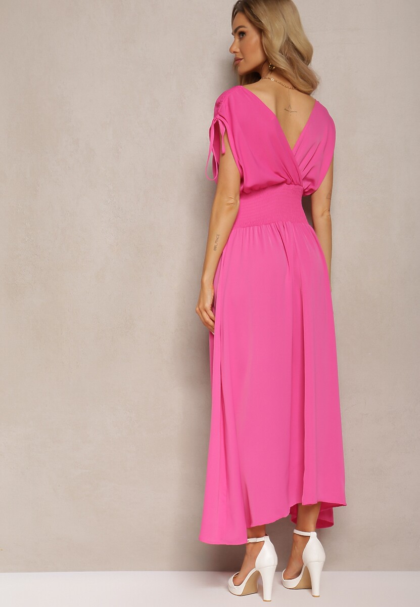 Różowa Rozkloszowna Sukienka na Cienkich Ramiączkach z Kopertowym Dekoltem Eilinestia