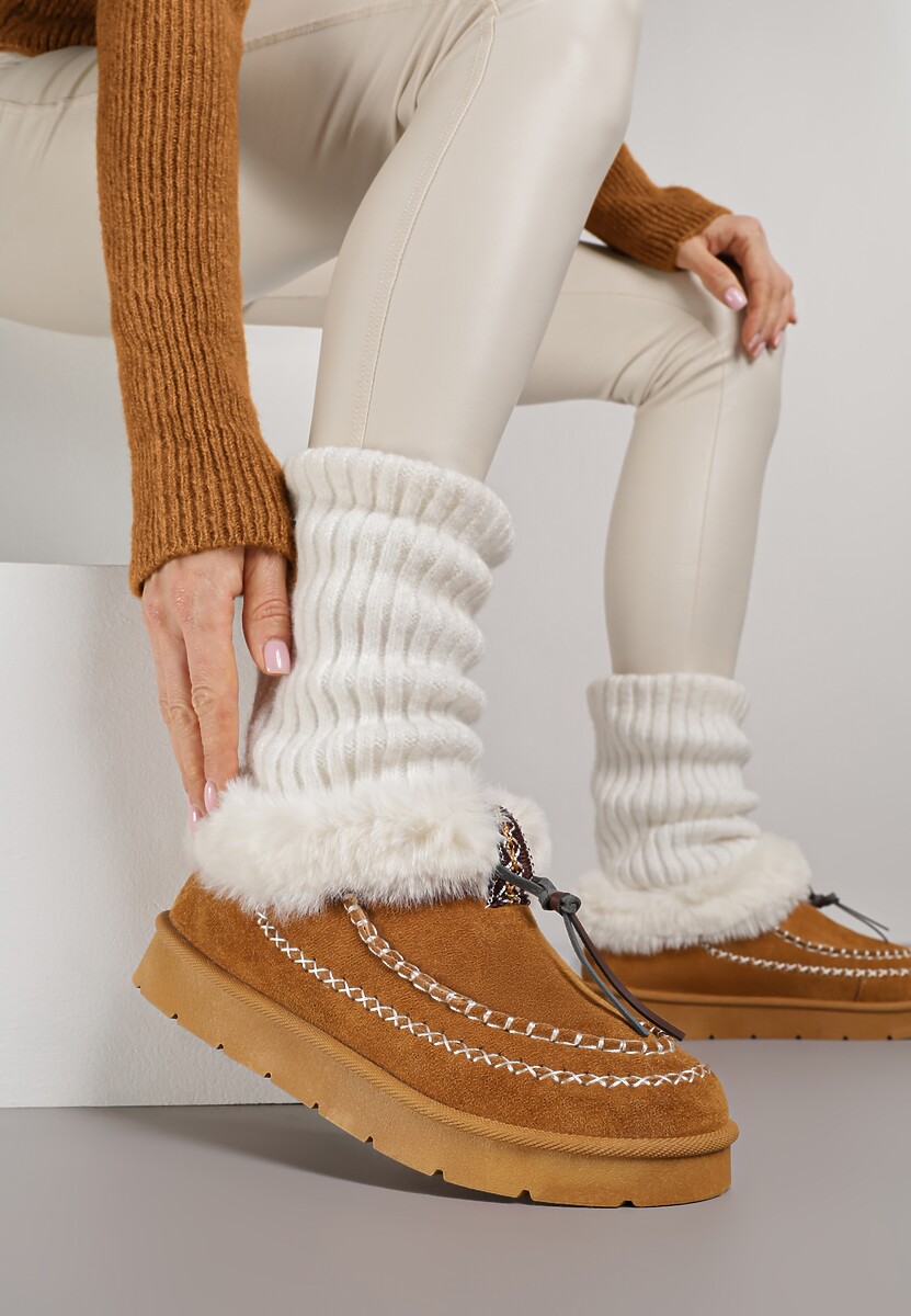 Brązowe Śniegowce na Platformie Ozdobione Haftem i Futerkiem Linedis