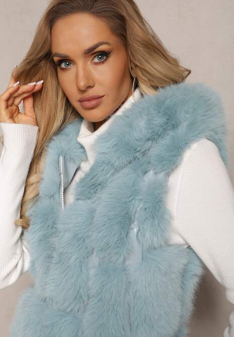 Niebieska  Futrzana Kamizelka z Kapturem Konessa