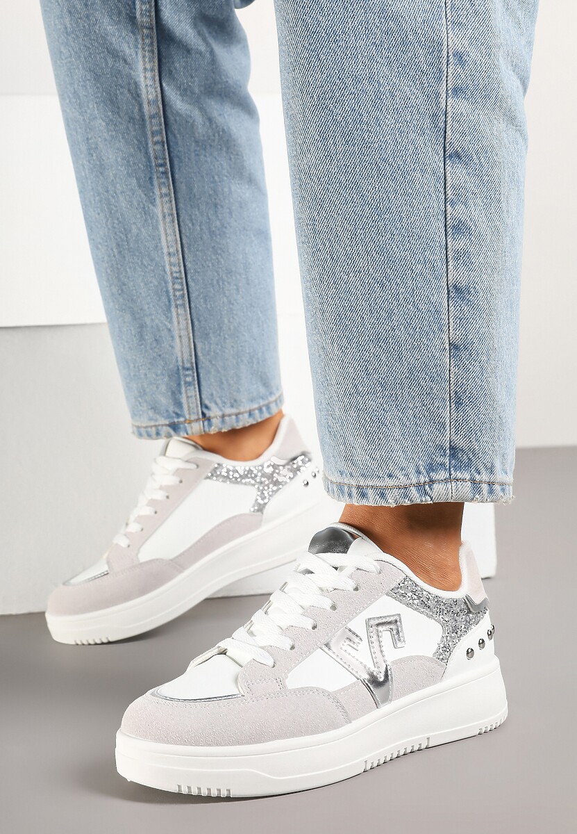 Biało-Szare Sneakersy Ozdobione Metalicznymi Aplikacjami i Brokatem Pilliossa