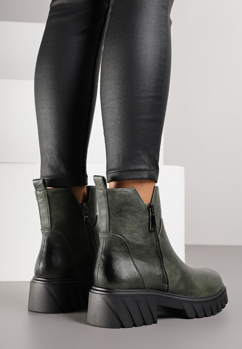 Zielone Botki do Kostki z Suwakiem na Grubej Podeszwie z Tłoczeniami Redvira