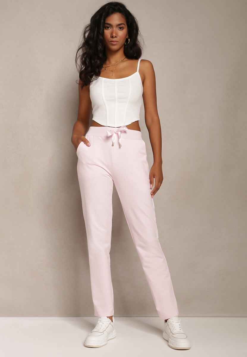 Różowe Proste Spodnie Dresowe z Satynową Tasiemką w Pasie Alnureta