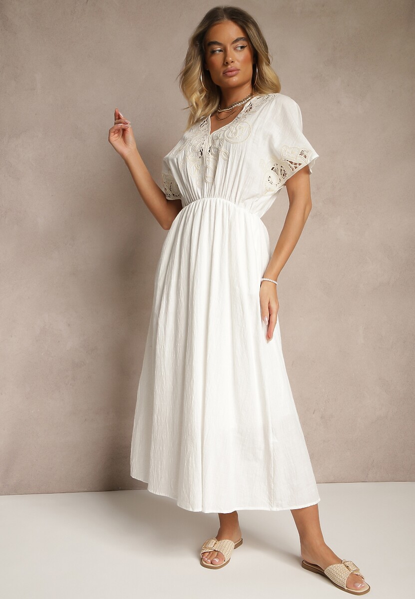 Biała Bawełniana Sukienka w Stylu Boho z Kieszonkami Orrane