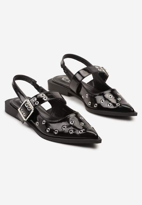 Czarne Lakierowane Sandały Ozdobione Metalicznymi Detalami Saniora