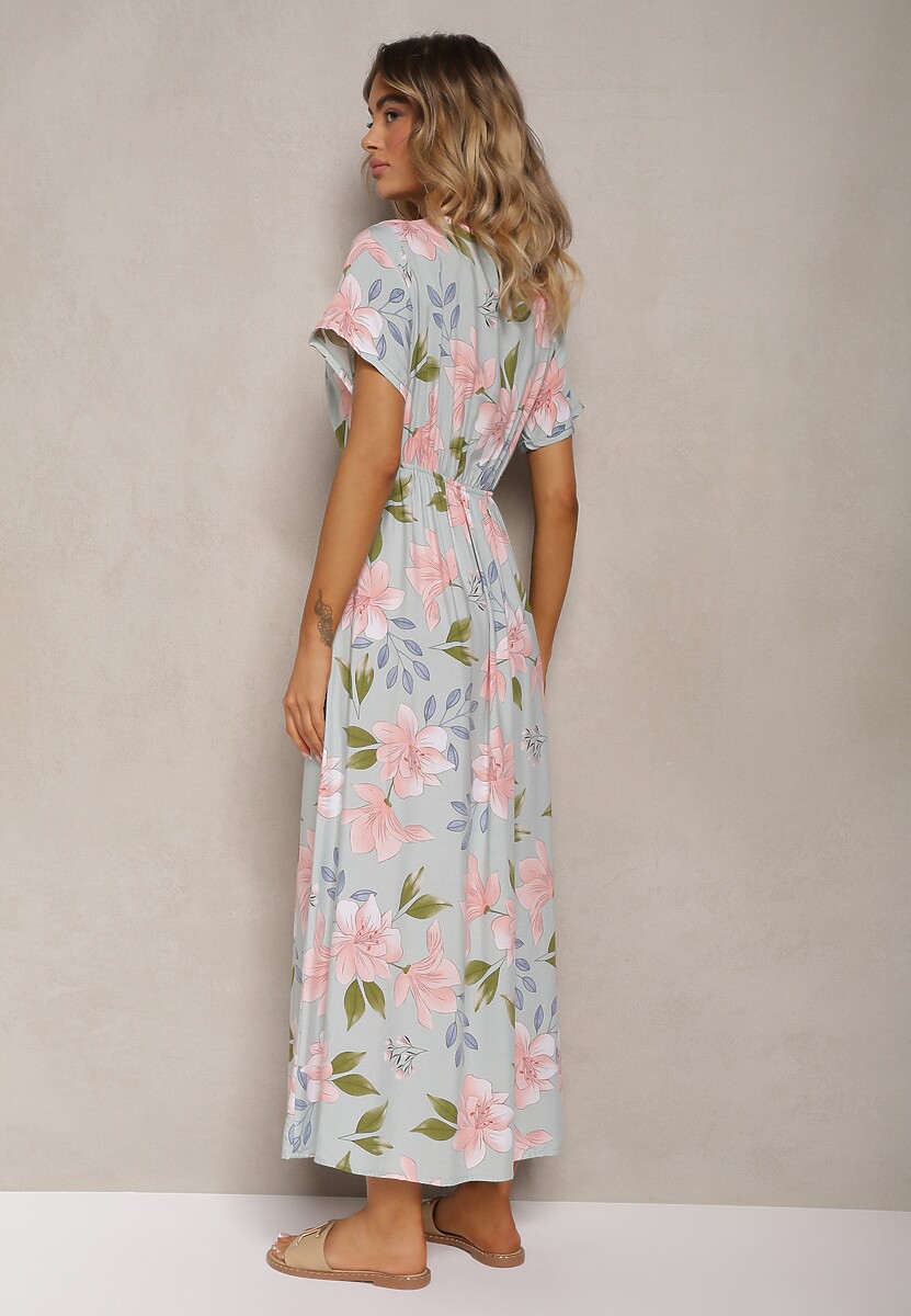 Jasnozielona Taliowana Sukienka w Kwiaty z Dodatkiem Bawełny z Kopertowym Dekoltem Navianes