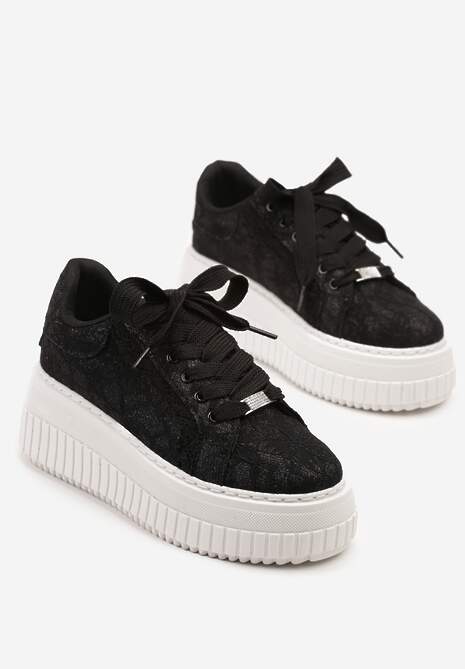 Czarne Sneakersy na Platformie Ozdobione Brokatem Tihisse