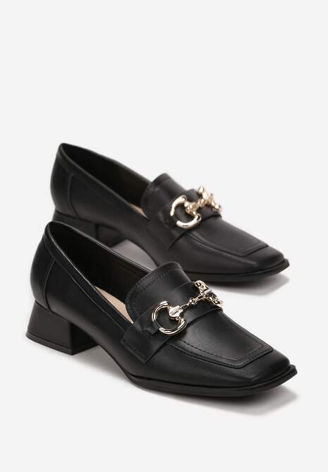 Czarne Mokasyny z Klamerką i Niskim Kwadratowym Obcasem Fansai