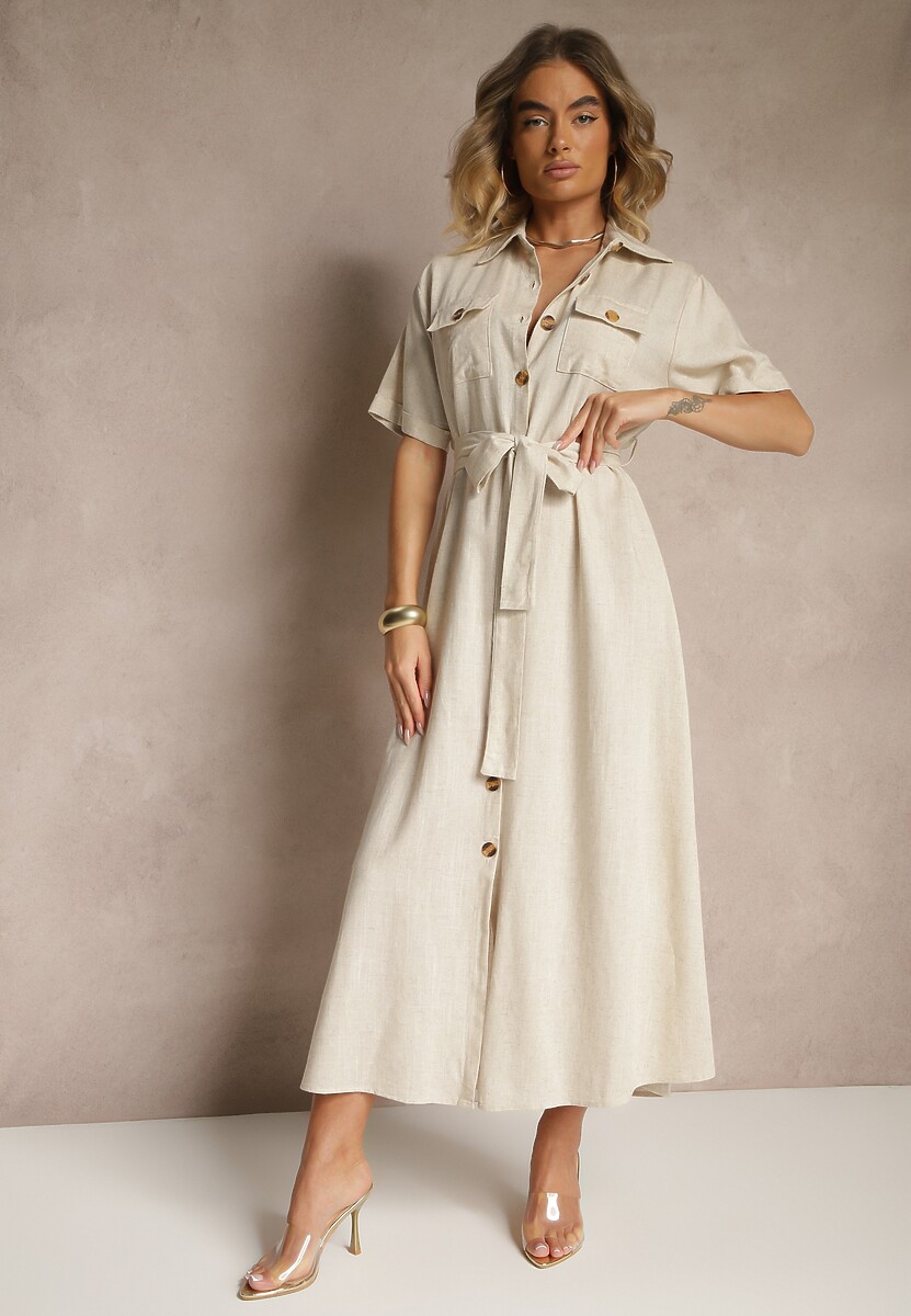 Beżowa Sukienka z Lnu i Wiskozy o Koszulowym Fasonie Weolara