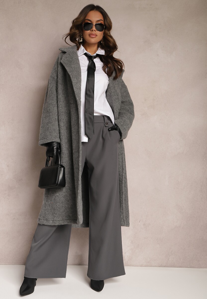 Ciemnoszare Eleganckie Spodnie Dzwony z Ozdobnymi Patkami w Pasie Nattas