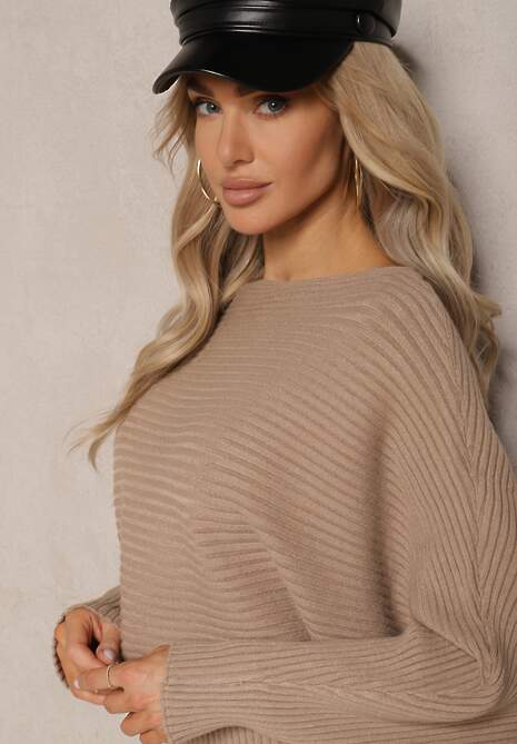 Ciemnobeżowy Komplet z Wiskozą w Prążki Spódnica z Gumką w Pasie i Góra o Kroju Nietoperza Korttisa