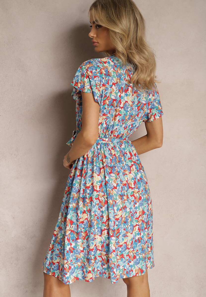 Niebiesko-Czerwona Wiskozowa Sukienka w Kwiaty z Kopertowym Dekoltem Tienn