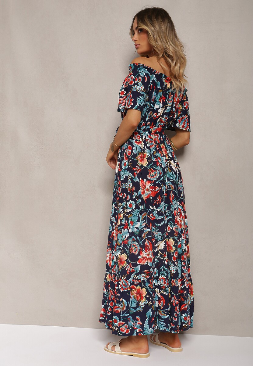 Granatowa Bawełniana Sukienka Hiszpanka Wiązana w Talii w Kwiatowy Wzór Risarrae