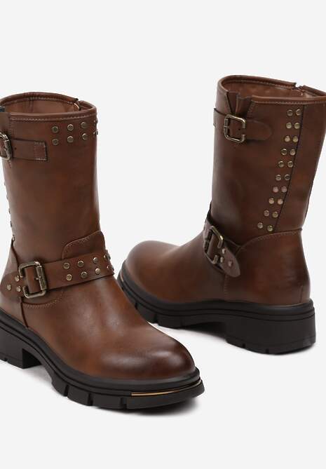 Brązowe Motocyklowe Botki Ozdobione Nitami i Klamrami przy Cholewce Ezirra