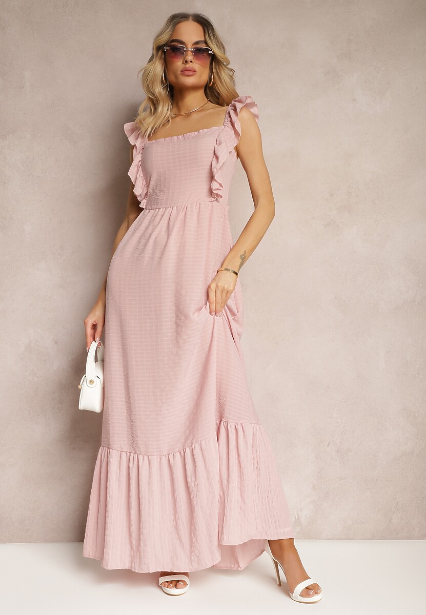 Różowa Sukienka z Wiązaniem na Plecach na Ramiączkach z Falbankami i Gumką w Pasie Rollas