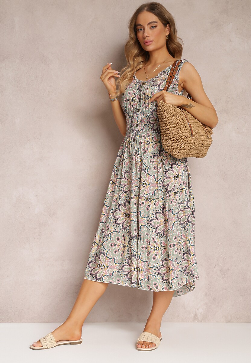 Miętowo-Różowa Kwiecista Sukienka Midi z Cienkimi Gumkami w Talii i Falbankami Jallia