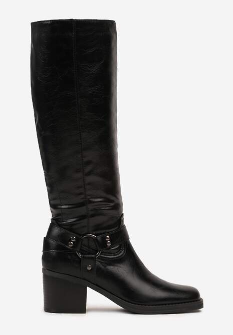 Czarne Kozaki na Obcasie w Stylu Bikerów z Okrągłą Klamrą Eziella