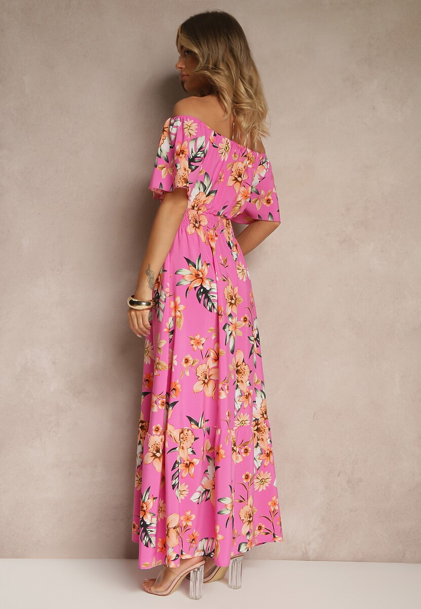 Fuksjowa Sukienka Hiszpanka w Kwiaty z Gumką w Pasie Deviela